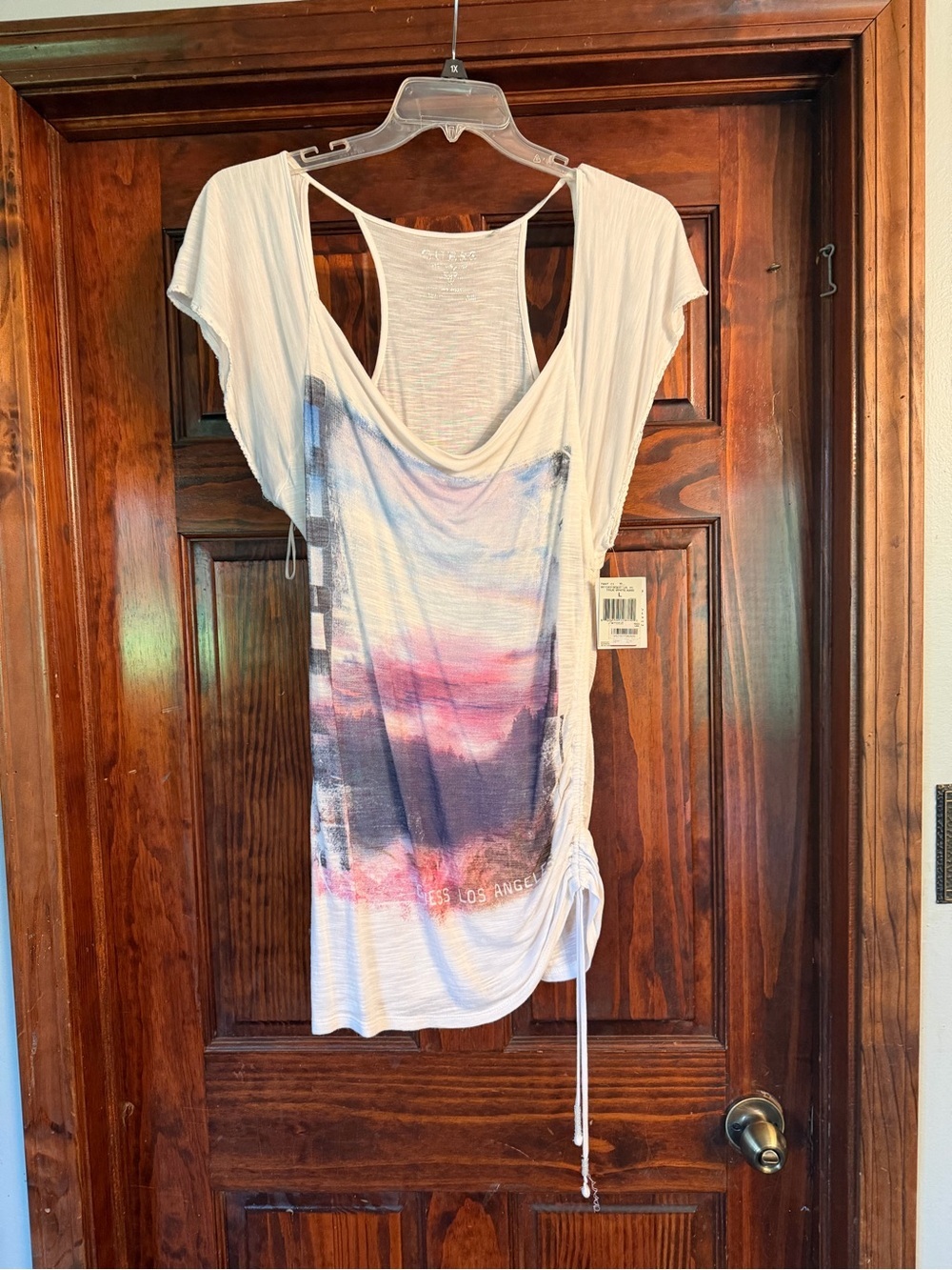 Guess White Tank with Pink and Blue Sunset Print